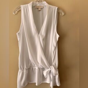 Michael Kors White Faux Wrap Peplum Blouse Sleeveless Tie Waist Top Size M